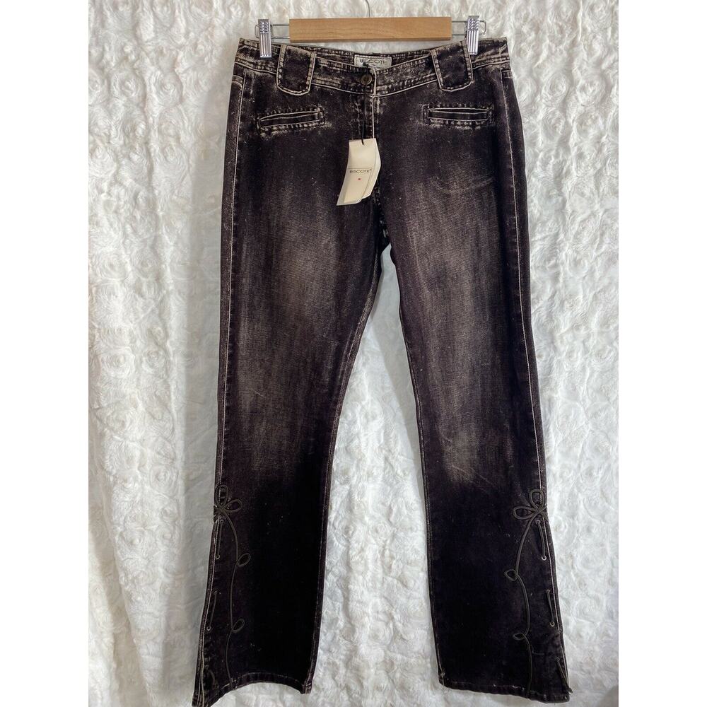 NWT BISCOTE Paris Brown Flock jeans embellished with cording size EU42/US 10